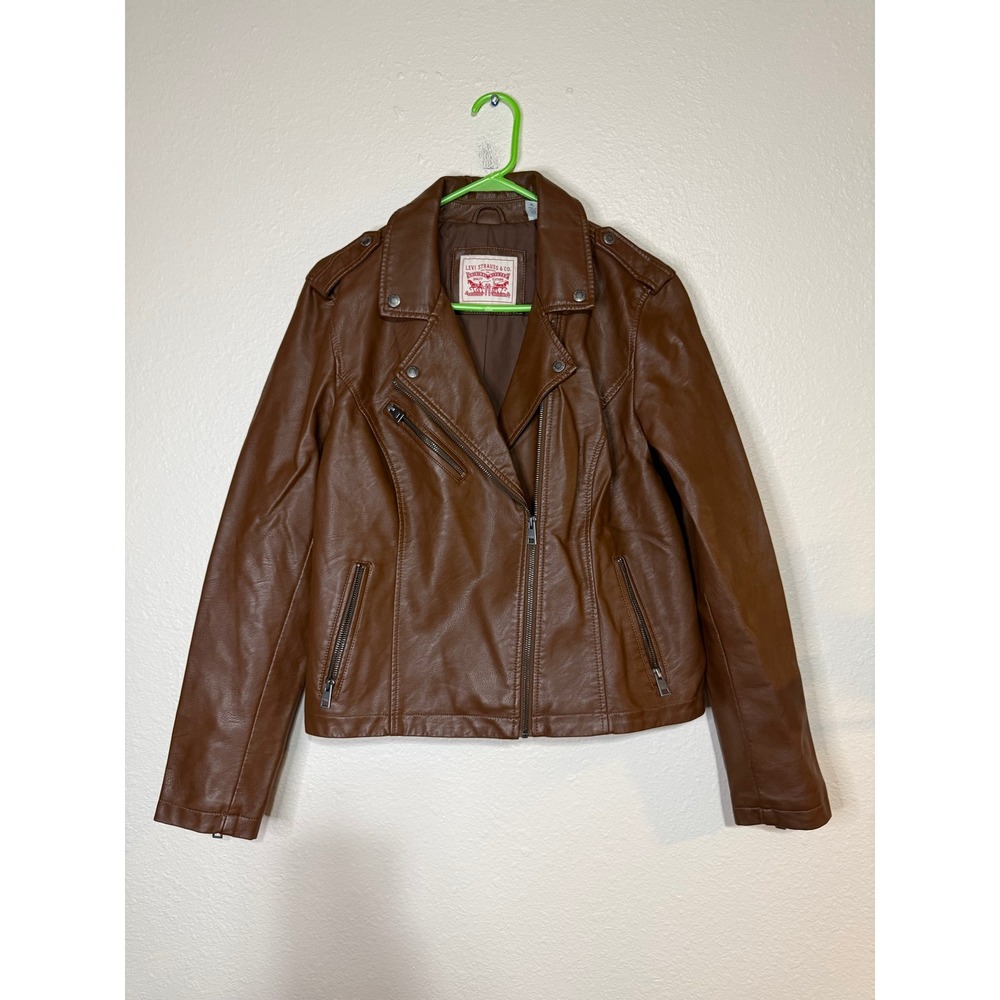 Levis Brown Faux Leather Moto Jacket Womens XL Asymmetrical Zip‎ Biker Coat